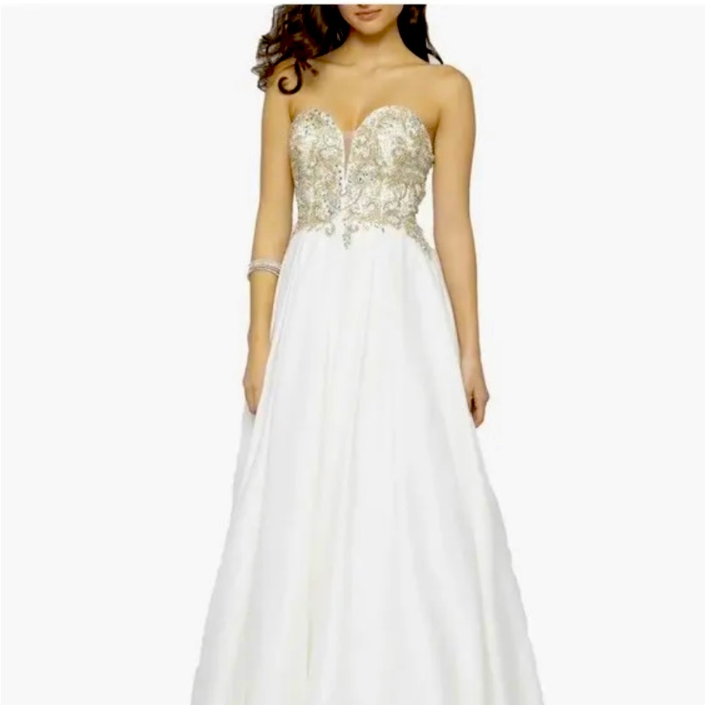 Terani Couture lvory/white Gold Dress Gown Strapless Prom Wedding NWT Revolve